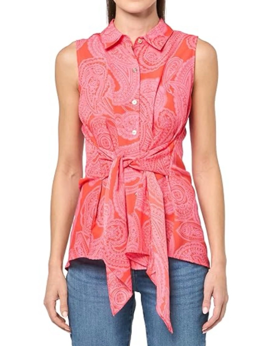 Tommy Hilfiger Coral and Pink Paisley Sleeveless Button-Down Tie-Waist Top